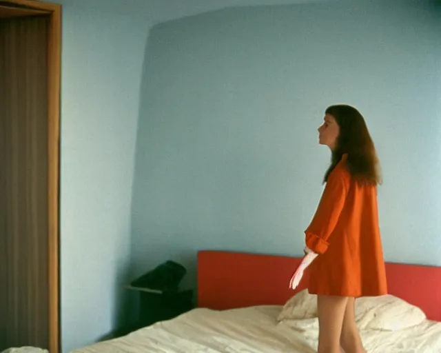 Prompt: a woman standing in a bedroom next to a bed, a colorized photo by Wes Anderson and Wilhelm Sasnal, tumblr, precisionism, 1970s, matte photo, provia , movie still