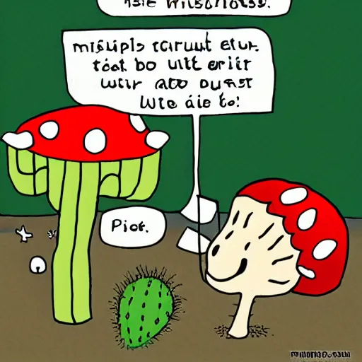 Image similar to cactus talking to mushroom comic