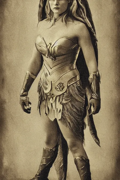 Image similar to she - ra, portrait, full body, symmetrical features, silver iodide, 1 8 8 0 photograph, sepia tone, aged paper, sergio leone, master prime lenses, cinematic