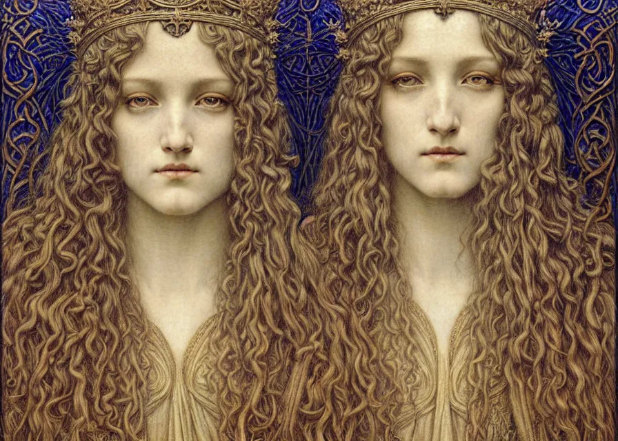 Image similar to detailed realistic beautiful young medieval queen face portrait by jean delville, gustave dore and marco mazzoni, art nouveau, symbolist, visionary, gothic, pre - raphaelite. horizontal symmetry