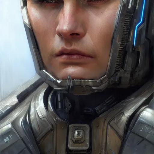 Image similar to human male as a realistic scifi cyberpunk knight, closeup portrait art by donato giancola and greg rutkowski, realistic face, digital art, trending on artstation, symmetry!!!