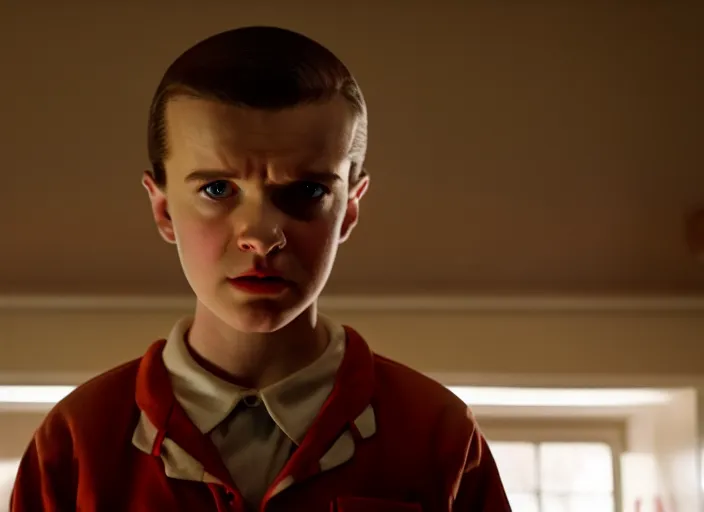 Image similar to film still of jim hopper as eleven in stranger things, 8 k