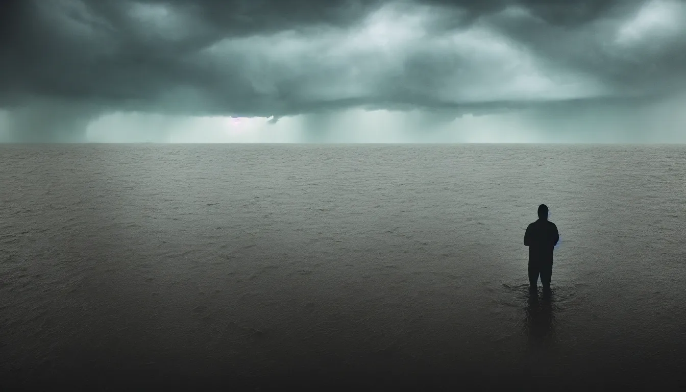 Prompt: silhouette of man standing in flooded grassy swamps, wavy waters, storm in the distance, dark, atmospheric, scary,, ambient vibe, very detailed, 8 k