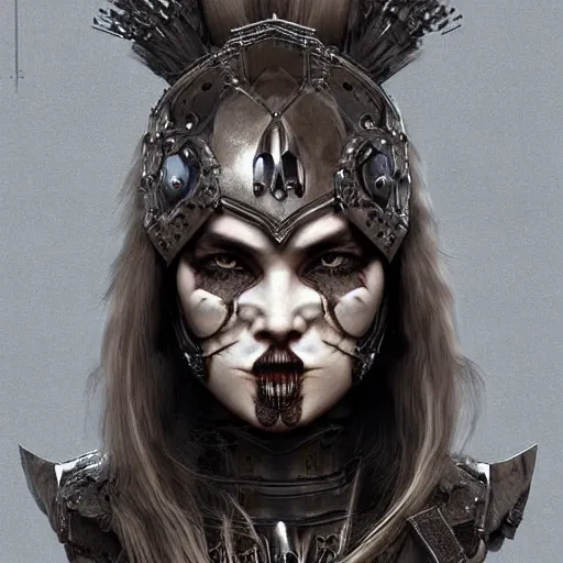 Prompt: a mechanized version of a norse woman, facial piercings, very symmetrical, furry warrior's bone clothing, highly detailed, by vitaly bulgarov, joss nizzi, ben procter, steve jung, concept art, concept art world, pinterest, artstation, unreal engine