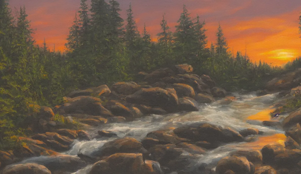 Image similar to a painting of a sunset with a forest, a crystalline stream with rocks and a wood cabin