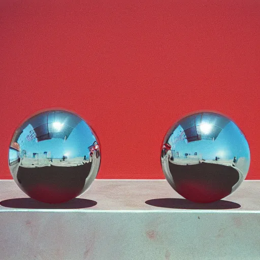 Prompt: chrome spheres on a red cube, kodak portra 400 photograph