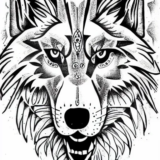 Image similar to tattoo stencil. pencil line drawing, black and white, wolf