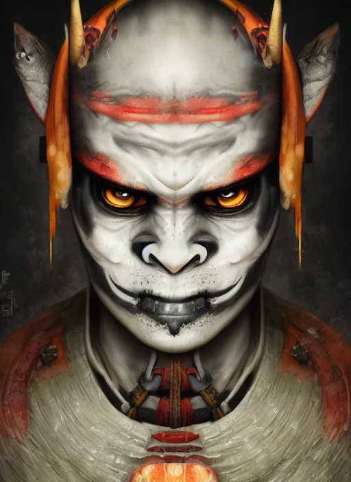 Image similar to dark samurai portrait, symmetrical face, hannya oni mask, after a battle, dirt and unclean, extreme detail, cinematic, dramatic lighting render, by tom bagshaw, masterpiece