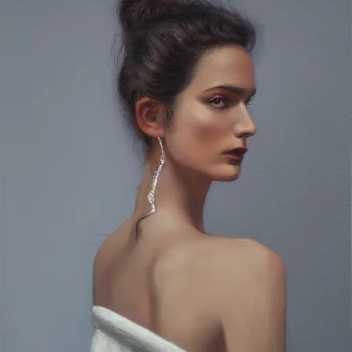 Prompt: a vogue model, oil painting, pale colors, high detail, 8 k, wide angle, trending on artstation,