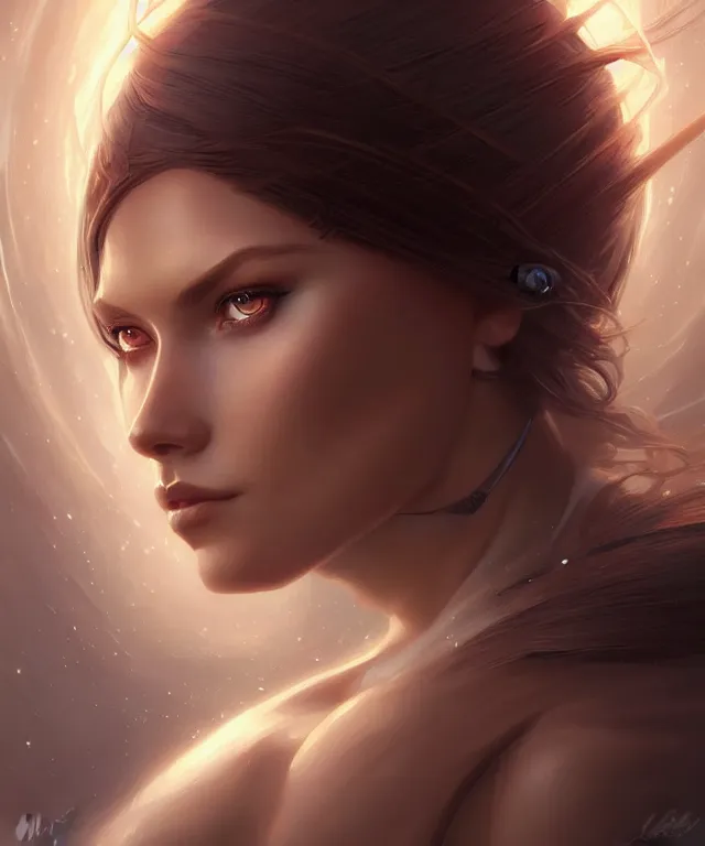 Image similar to futuristic woman portrait, sci-fi, amber eyes, face, long hair, fantasy, intricate, elegant, highly detailed, digital painting, artstation, concept art, smooth, sharp focus, illustration, art by artgerm and greg rutkowski and alphonse mucha