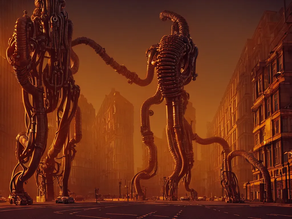 Image similar to a giant ancient beautiful cyborg of the elder gods with pipes and tubes in the city of London, London streets in background, colourful, dramatic lighting, golden hour, very detailed octane render very realistic beautiful