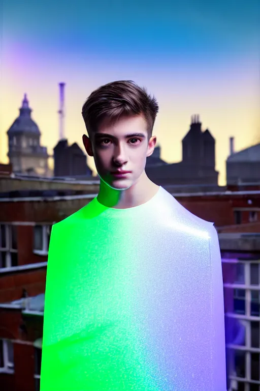 Prompt: un ultra high definition studio quality photographic art portrait of a young man standing on the rooftop of a british apartment building wearing soft inflatable padded iridescent fresnel refractive clothing. three point light. extremely detailed. golden ratio, ray tracing, volumetric light, shallow depth of field. set dressed.