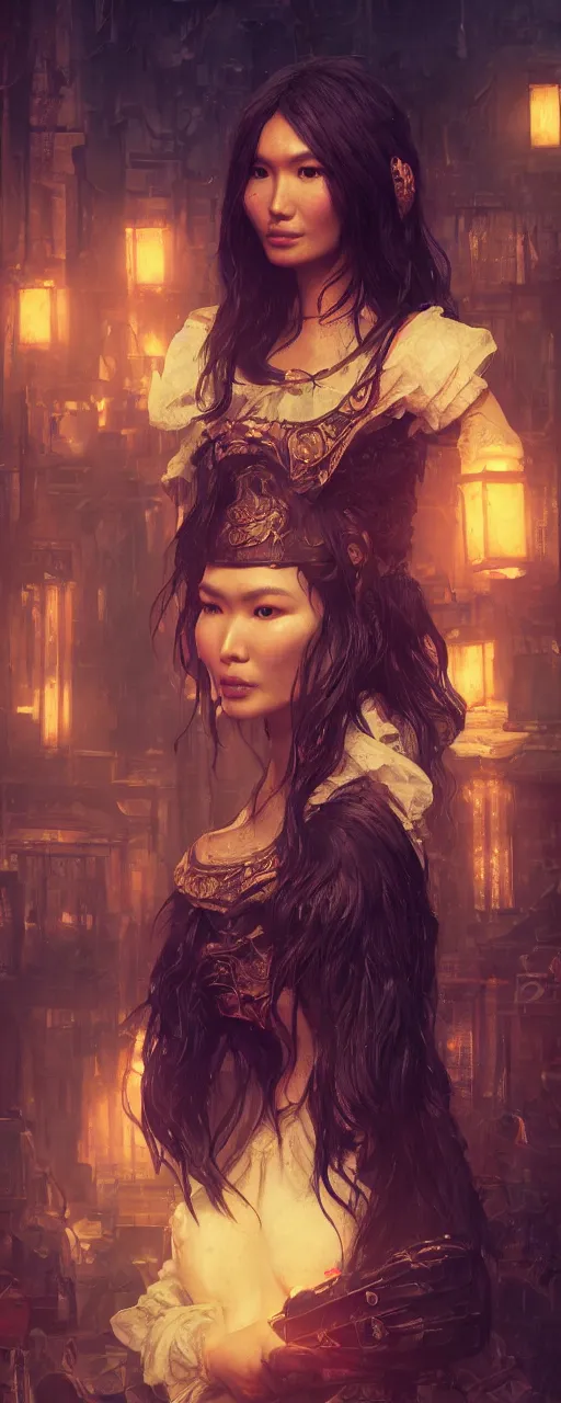 Image similar to portrait of gemma chan tavern bard, intricate face, sad expression, sweat, narrow dark streets with exotic dancers, vaporwave aesthetics, 8 k uhd, unreal engine, octane render in the artstyle of finnian macmanus, john park and greg rutkowski