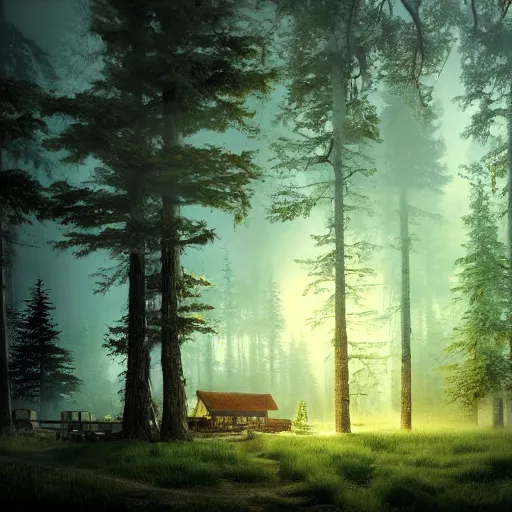 Image similar to log cabin in the woods, diffused lighting, highly detailed cinematic, epic composition, highly detailed, atmospheric, wide angle, artstation trending, warm green colors