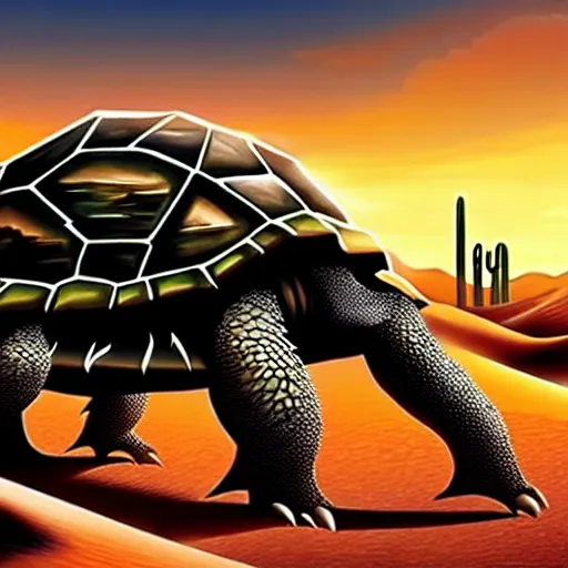 Image similar to Large Fantasy Cityscape located on the back of a Giant tortoise stomping through the hot sunny desert, High detail, Dungeons and Dragons 4k