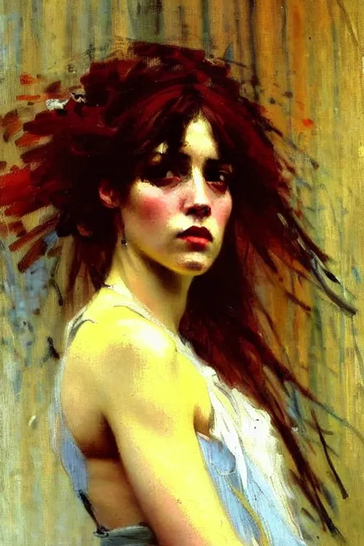 Image similar to impressionist brushstrokes!!!!!!!!! solomon joseph solomon and richard schmid and jeremy lipking victorian loose genre loose painting full length portrait painting of a young beautiful woman punk rocker