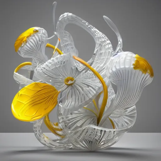 Prompt: a beautiful intricate 3 d abstract glass sculpture made of white pore fungi, morning glory flowers, boho floral vines, murano round colored glass vases, yellow hibiscus flowers, top lit, octane render, soft lighting, ultra detailed, 8 k, trending in artstation, gallery piece by barbara hepworth