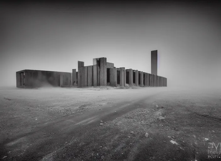 Prompt: high resolution black and white photography with a 3 5 mm f / 2 2. 0 lens of brutalist architectural building blocks in the middle of a russian wasteland in the 1 9 8 0 s in the middle of nowhere, there is fog. fine art photography and very detailed