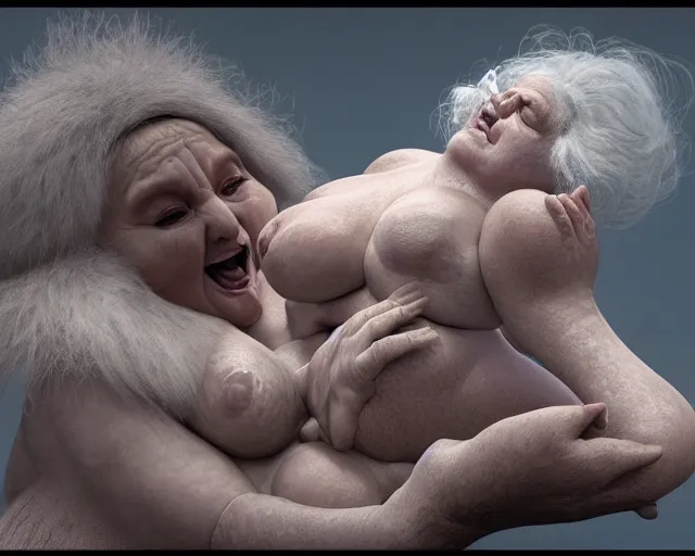 Prompt: of a very beautiful scene. ambient occlusion render. a sweet fat old woman is giving birth to her self as a baby. hyper realistic. 4 k. wide angle. wild. symmetrical face, red mouth, blue eyes. deep focus, lovely scene. ambient occlusion render. concept art. unreal engine.