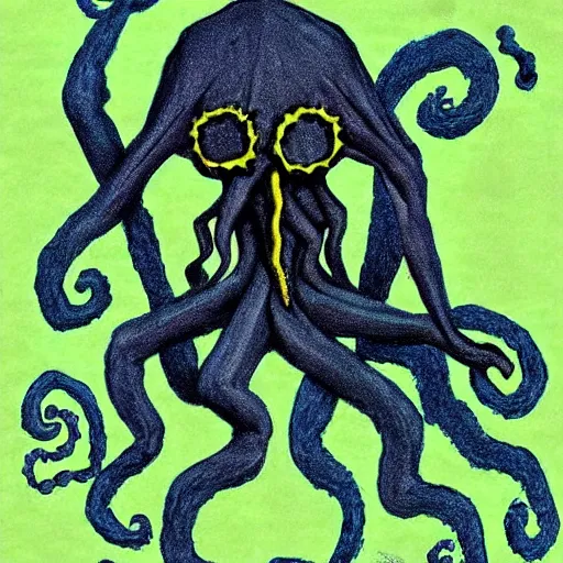 Image similar to “ a child ’ s drawing of himself with his imaginary friend cthulhu ”