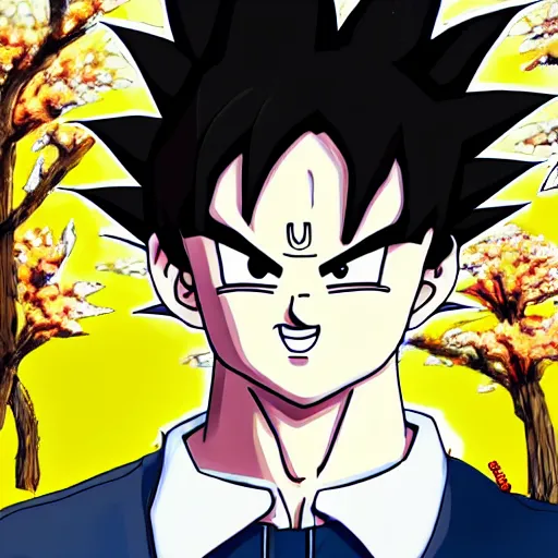Image similar to highly detailed photo of goku wearing black tuxedo standing in front of sakura trees, anime concept art, symmetrical face, smiling, clear nose, highly detailed, 8 k