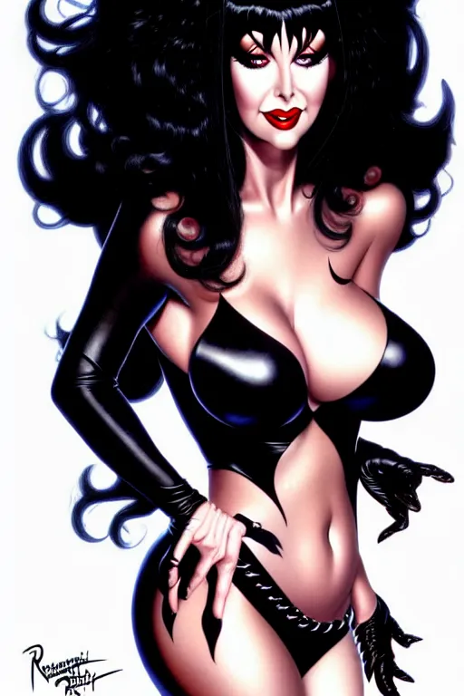 Image similar to a ( beautiful masterpiece highly detailed ) full body portrait illustration of intimate alluring elvira! mistress of the dark by ralph horsely and artgerm and joe jusko, raven black hair, pearlescent white skin. trending on artstation