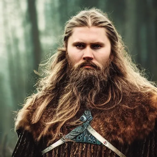Prompt: hyperrealistic photograph of a brown-haired viking, 8k, profile picture, cinematic, high contrast, epic real fantasy, stoic facial expression, looking at the camera