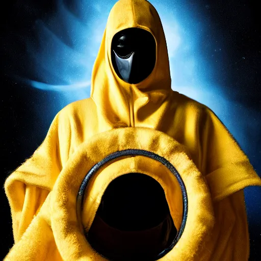 Image similar to award - winning. trending on artstation. cinematic. surreal. 4 k. a person wearing hooded frayed yellow robes and a minimalist steel mask staring while a black hole floats behind them. dark background.