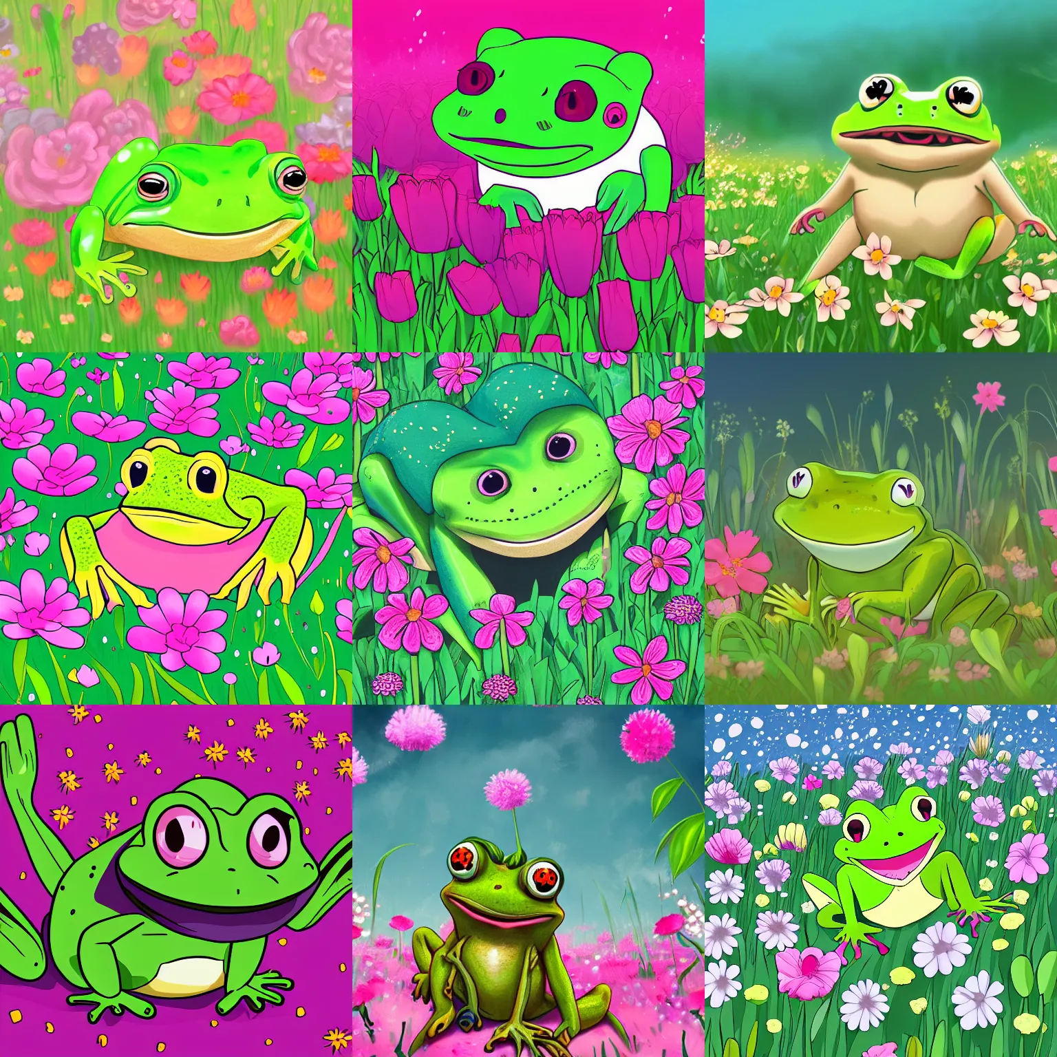 Prompt: illustration of a cute happy frog in a field of flowers, digital art, cute, shoujo, trending on artstation, detailed, anime 4 k