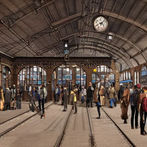 Image similar to realistic digital painting of a steampunk train station, Victorian, futuristic