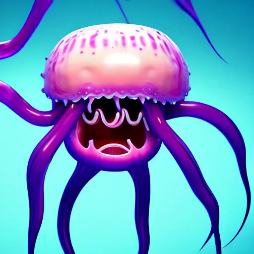 Image similar to a beautiful extreme wide uncropped full body photograph of an entire super cute jellyfish monster with huge sad eyes and sharp fangs in a wide open mouth, highly detailed, smooth, very very clean, 8 k, cinematic movie photograph, cinematic lighting, octane render, zbrush central contest winner, 3 d maya render