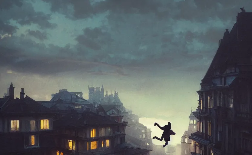 Prompt: sideways landscape photo of person jumping on the roofs, high contrast, moody sunset, late night, blurry photo, by greg rutkowski, alphonse mucha, beeple, sharp focus, digital art, smooth