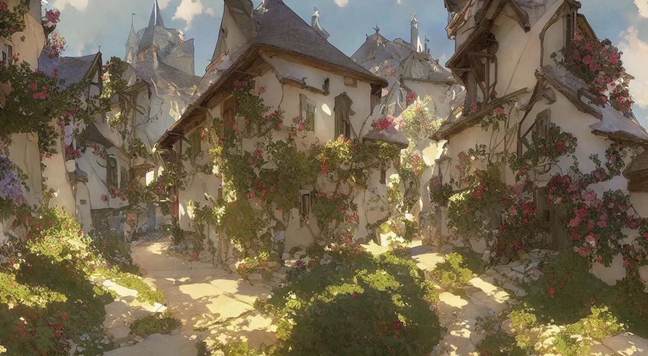 Image similar to A beautiful landscape painting of a small french village by Alfons Maria Mucha and Julie Dillon and Makoto Shinkai