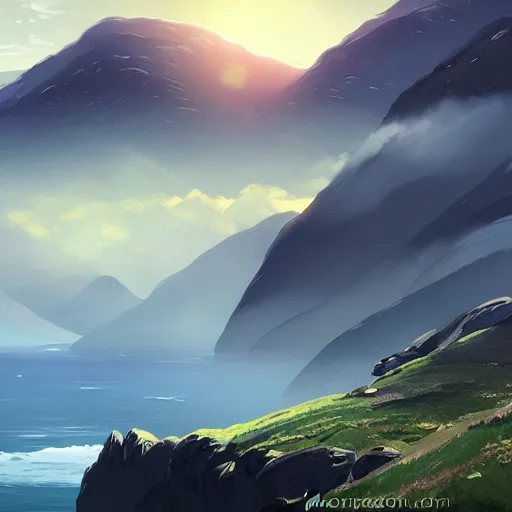 Image similar to the mountains of mourne in ireland sweeping down to the sea, highly detailed, digital painting, concept art, sharp focus, by makoto shinkai