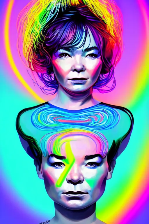 Image similar to a award winning portrait of the musician bjork, beautiful woman with stunning eyes in a one off shoulder croptop and cargo pants with rainbow colored hair, outlined by whirling illuminated neon lines and fine lines swirling in circles by ilya kuvshinov, digital art, trending on artstation