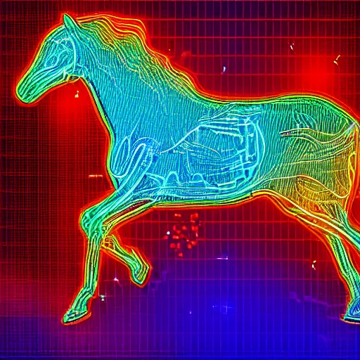 Image similar to digital horse, glowing circuit board patterns along body, retrowave palette, highly detailed, anatomically correct equine, digital art