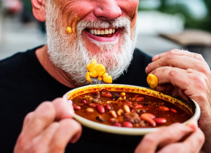 Prompt: photo of richard moll eating chili, 8 k, 8 5 mm f 5. 6