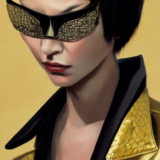 Image similar to Goro Majima as slim girl, gold suit jacket in snake print, black leather gloves, short black hair, black eye patch, elegant, 2d, ultra highly detailed, digital painting, smooth, sharp focus, artstation, art by Ilya Kuvshinov