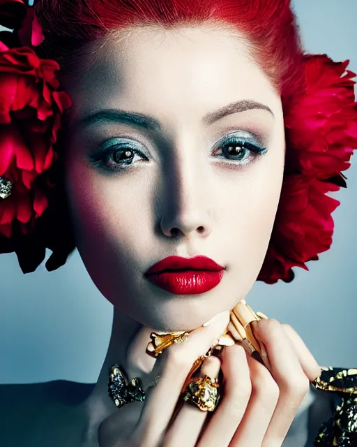 Image similar to portrait of a european woman, closeup, she's on ice, skin shining like a diamond high sharpness, zeiss lens, fashion photo shoot, peony flowers, red hair, red lipstick, against a background of gold, rhinestones on their face, Edward Buba, Annie Leibovitz, Paolo Roversi, David Lazar, Jimmy Nelsson, Eiko Hosoe, artistic, hyper-realistic, beautiful face, octane rendering