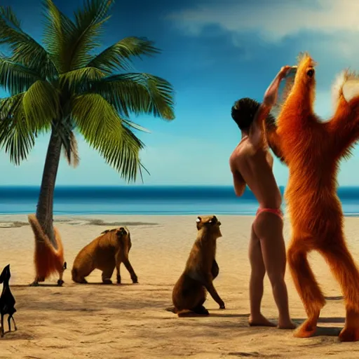 Image similar to Animals dancing at a party at the beach, cinematic, atmospheric, 8k resolution, Hyperrealistic