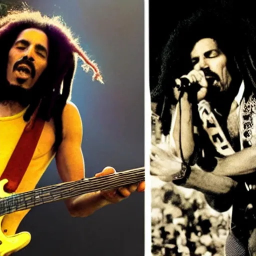 Prompt: bob marley and freddie mercury from queen performing at coachella, color photos, live concert