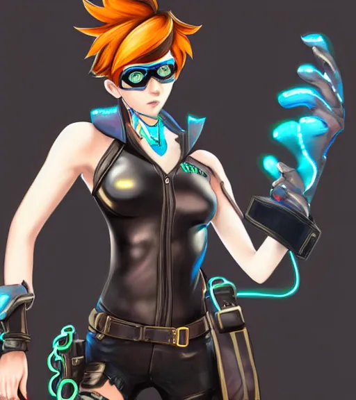 Image similar to full body digital artwork of tracer overwatch, wearing black iridescent rainbow latex tank top, 4 k, expressive happy smug expression, makeup, in style of mark arian, wearing detailed black leather collar, chains, black leather harness, leather cuffs around wrists, detailed face and eyes,