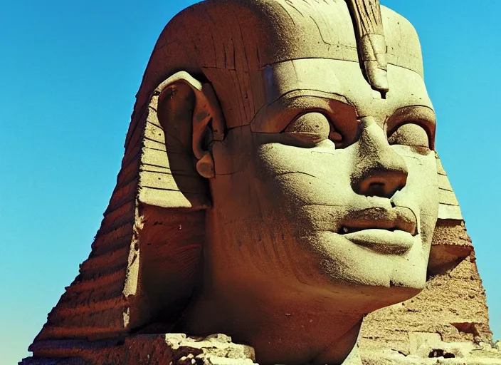 Prompt: 3 d render of kelsey grammer's head on a sphinx body, egyptology, ancient aliens, grainy cinestill film landscape photo, blender, monument, 8 k