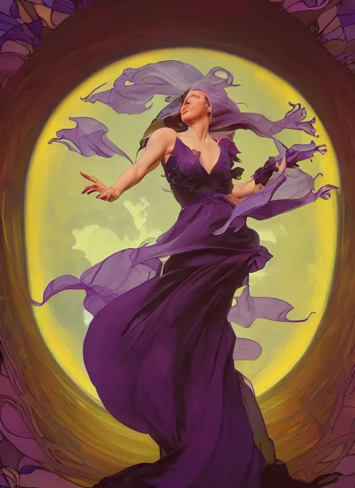 Prompt: madam mim, purple smoke aura in motion, floating pieces, painted art by tsuyoshi nagano, greg rutkowski, artgerm, alphonse mucha, spike painting