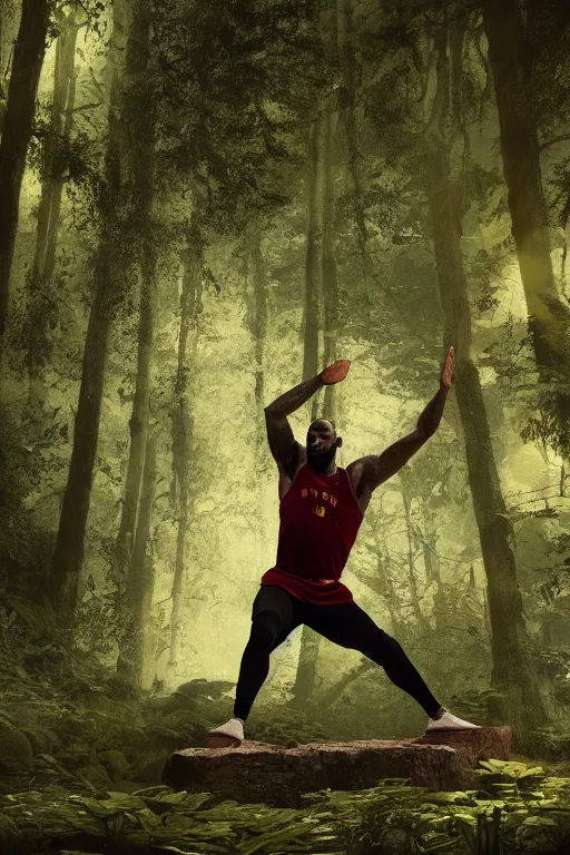 Image similar to lebron james doing yoga in the forest, cybertronian, long shot, cinematography by wes anderson, 4 k octane render, intricate detail, photorealistic, cinematic lighting, artstation