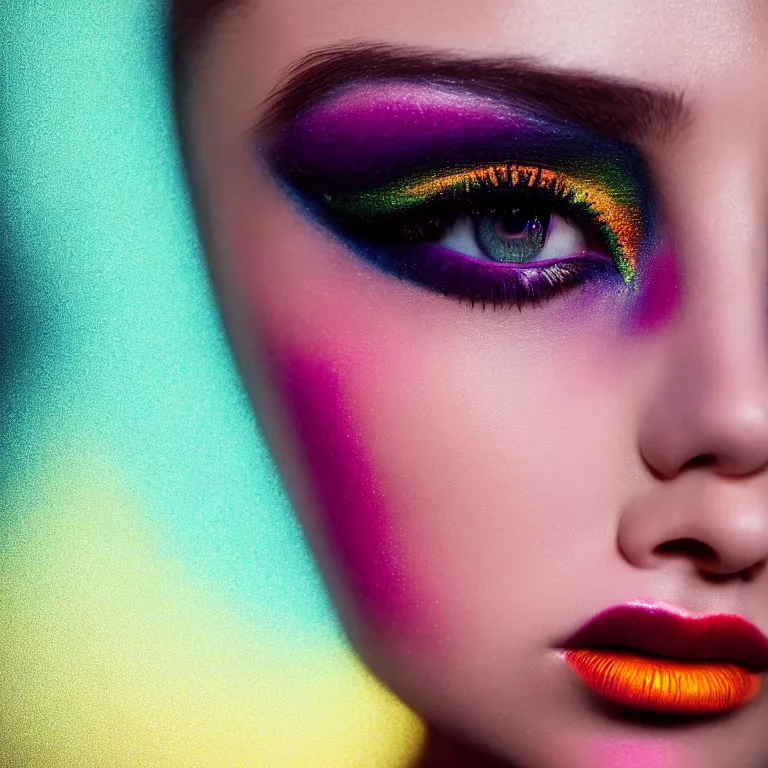 Image similar to amazing closeup portrait of a young woman with beautiful colorful make up by Sir John, Pat McGrath, perfect colorful eyeshadows, 50mm portrait, beautiful detailed intricate insanely detailed octane render trending on Artstation, 8K artistic photography, photorealistic, dramatic volumetric cinematic perfect light, chiaroscuro, award-winning photograph, masterpiece, Raphael, Caravaggio, harsh flash photography