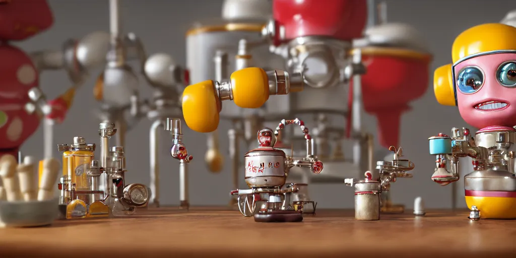 Image similar to closeup portrait of tin toy retro chemist robot mixing chemicals and cooking pastry cake in a kitchen, depth of field, zeiss lens, detailed, centered, fashion photoshoot, by nicoletta ceccoli, mark ryden, lostfish, breathtaking, 8 k resolution, extremely detailed, beautiful, establishing shot, artistic, hyperrealistic, octane render