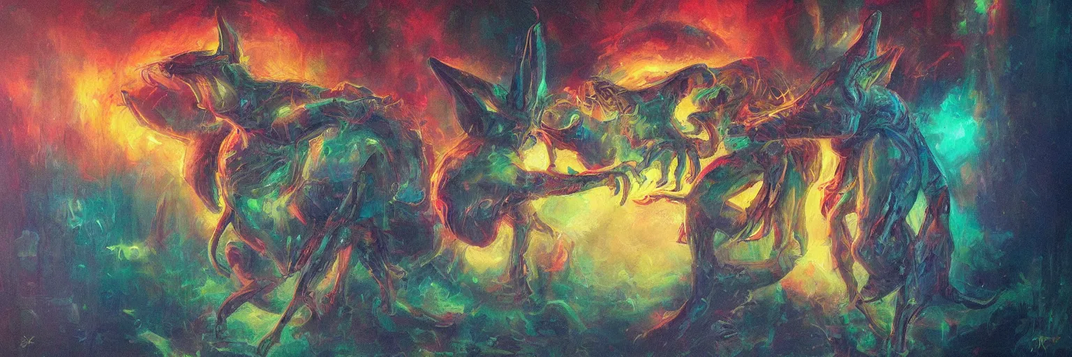 Image similar to strange alien bunny creatures from the depths of the collective unconscious, dramatic lighting, surreal darkly colorful painting by ronny khalil