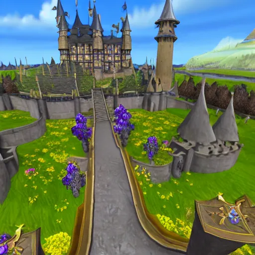 Image similar to road leading to Stormwind city, large fantasy castle with flower gardens, screenshot from violet evergarden