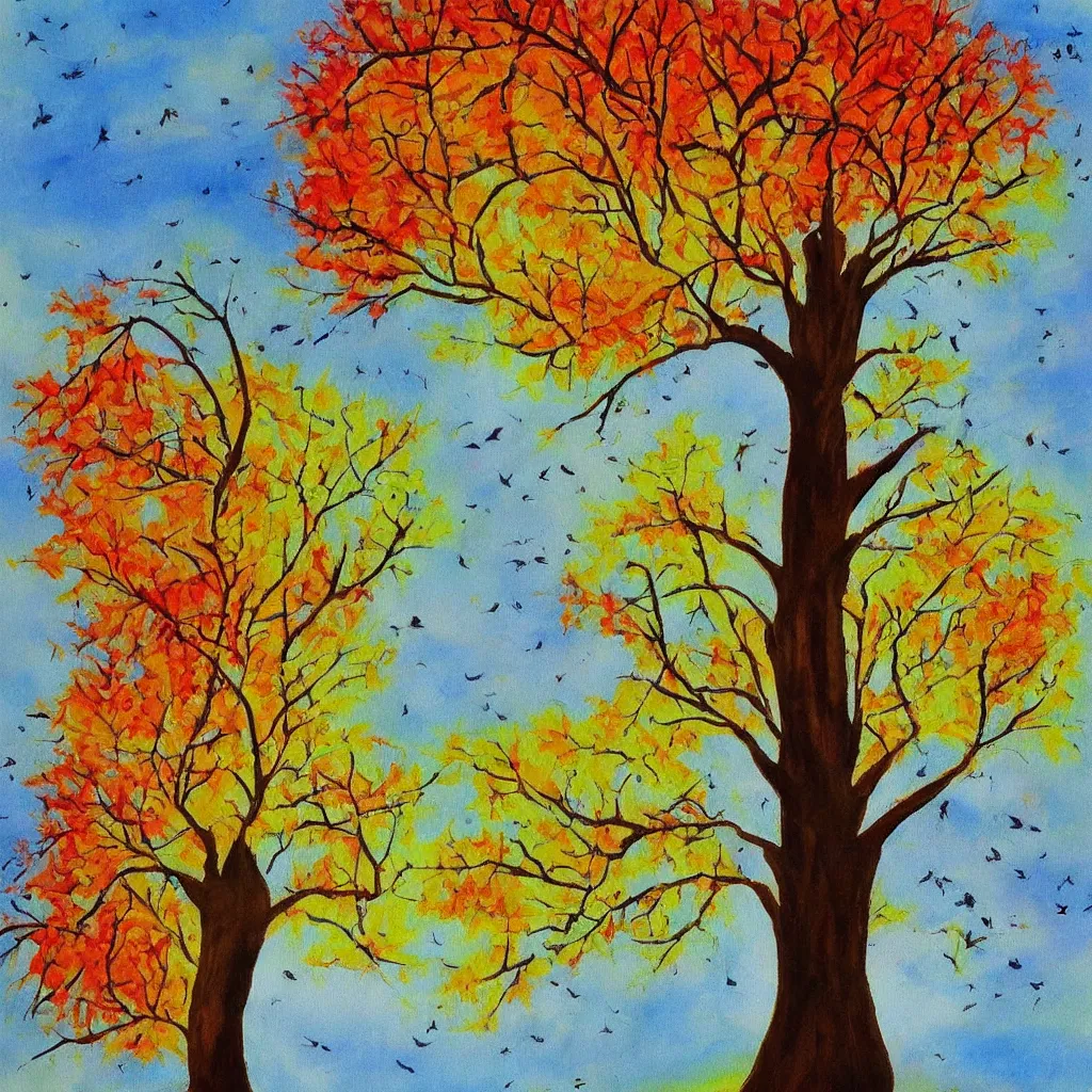 Image similar to a beautiful painting of one single tree representing all four seasons. Spring, Summer, Autum, Winter.